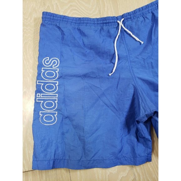 Vintage Adidas Mens XXL 2XL Spell Out Logo Blue Nylon Athletic Shorts Drawstring - Picture 2 of 7